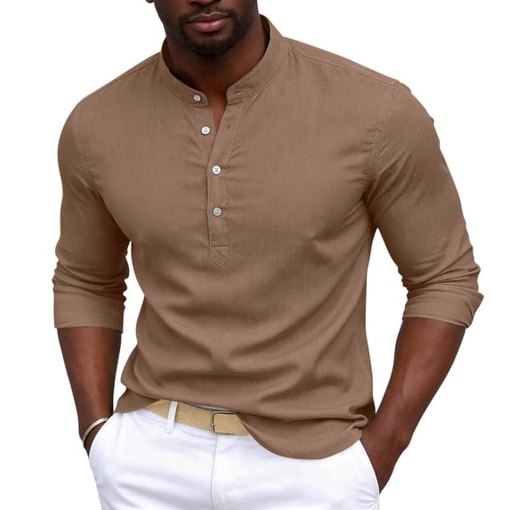Floleo Men Mandarin Collar 4 Button Half Placket Shirt, Mens Solid Roll Up Long Sleeve Regular Fit Pullover Top, Breathable Lightweight Spring Summer Smart Casual Blouse (Coffee,XL)