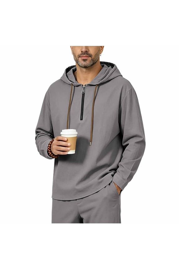 Men Textured Linen Look Half Zip Hooded Tops, Drawstring Long Sleeve Loose Pullover Blouses, Breathable Solid Relaxed Tunics, Spring Summer Daily Outdoor Casual Fashion Hoodies(Gray,M)