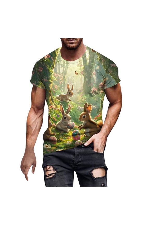 Mens Casual Easter Bunny T-Shirt Funny 3D Pattern Printed Graphic Tees for Men Summer Short Sleeve Round Neck Basic T Shirts
