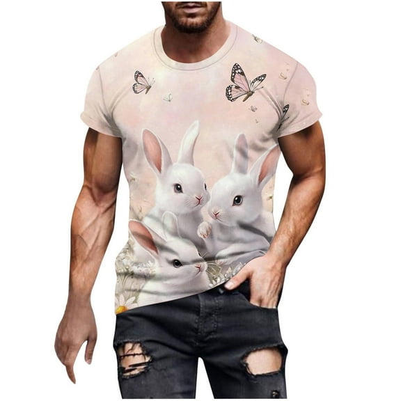 Floleo Mens Casual Easter Bunny T-Shirt Funny 3D Pattern Printed Graphic Tees for Men Summer Short Sleeve Round Neck Basic T Shirts