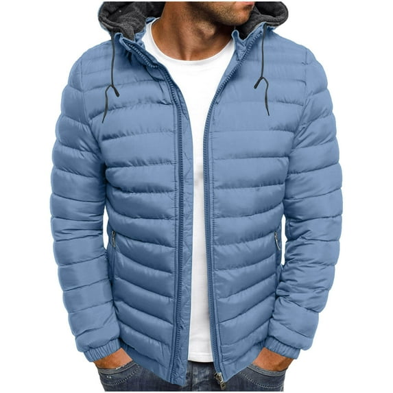 Floleo Mens Puffer Jackets Hooded and Coat Clearance Winter Fall Men's Solid Color Hooded Jacket Fashion Men's Warm Cotton Padded Jacket