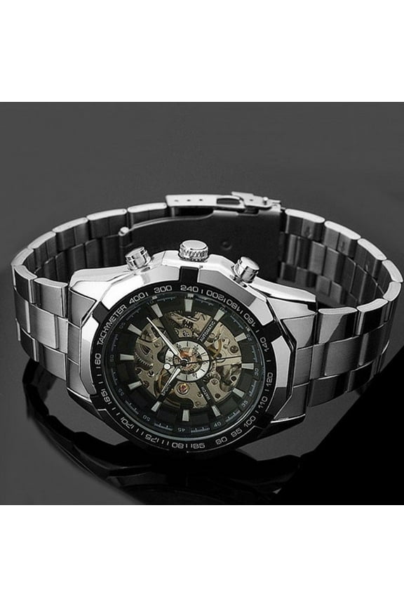 Mens Watches Skeleton Automatic Watches For Men Silver Stainless Steel Wrist Watch