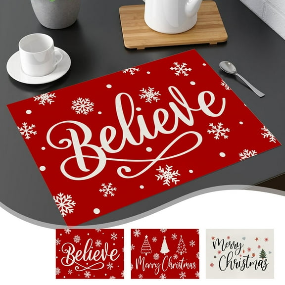 Floleo Merry Christmas Tree Placemats ,Xmas Red,Non-Slip/Wipe Clean Dining Table Mat Set,Heat-Resistant Table Liner For Holiday/Party/Oudoor, Table Decoration