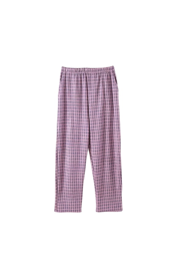 Mini Grid Plaid Straight Leg Trousers, Womens Daily Full Length Casual Bottom Attire, Check Pattern Relaxed Straight Cut Slacks, All Elastic Waist Polyester Everyday Casual Wear (Purple,M)