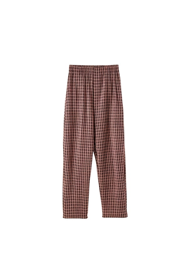 Mini Grid Plaid Straight Leg Trousers, Womens Daily Full Length Casual Bottom Attire, Check Pattern Relaxed Straight Cut Slacks, All Elastic Waist Polyester Everyday Casual Wear (Coffee,M)