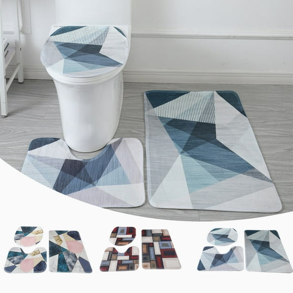 Floleo Modern Art Grey Turquoise Abstract Bathroom Rugs Sets 3 Piece Teal Bath Mats For Bathroom Non Slip Washable Floor Mats Absorbent Turquoise Bath Rugs With U-Shaped Contour Rug Toilet Lid Cover
