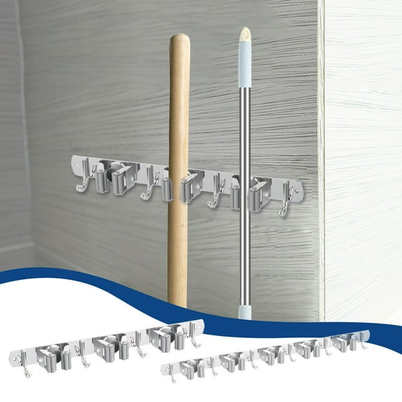 Floleo Mop Broom Holder Wall Mount - White Wood Broom Mop Hanger - Wall Mounted Garden Tool Rack Organizer For Closet Garage Laundry Room