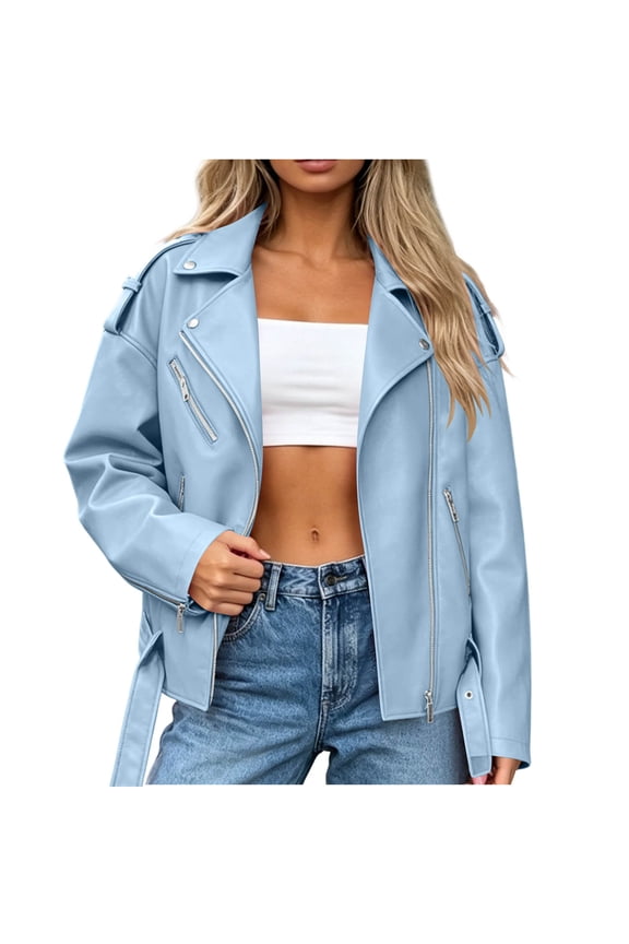 Moto Style Zip Up Jacket for Women with Faux Leather Finish and Belted Hem for Fall Winter Office Street Casual Daily Wear Retro Biker Look