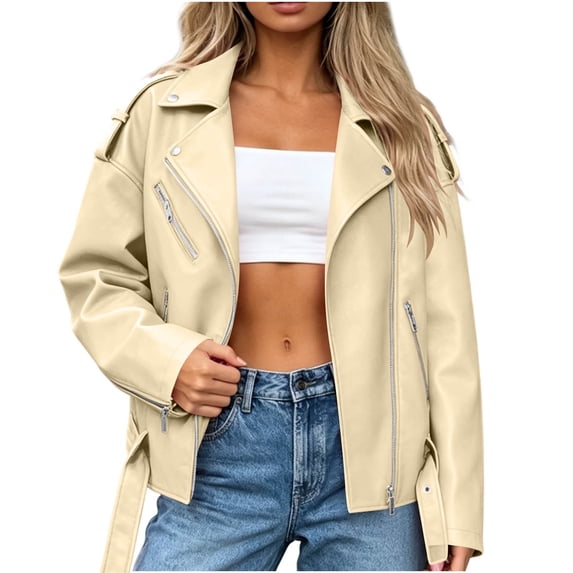 Floleo Moto Style Zip Up Jacket for Women with Faux Leather Finish and Belted Hem for Fall Winter Office Street Casual Daily Wear Retro Biker Look
