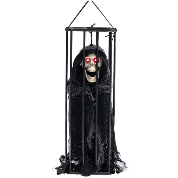 Floleo Prison Cage Skull Hanging Decoration, Luminous Halloween Horror Prop for Haunted House Party, Indoor Outdoor Spooky Wall Ornament
