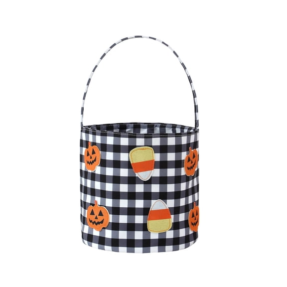 Floleo Reversible Halloween Candy Basket with Handle, Cute Ghost Skull Print Fabric Treat Bag, Reusable Party Decor Storage Bin for Snacks Gifts – 8.85in.