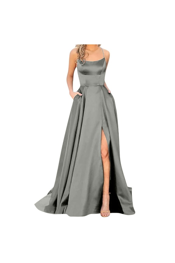 Satin Bridesmaid Dresses for Women Spaghetti Straps Prom Dresses with Slit A Line Long Formal Evening Gowns with Slit Backless Spaghetti Straps Dresses