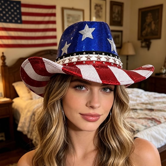 Floleo Sequin Patriotic Cowboy Hat, Red White Blue Sparkly Western Hat for 4th of July, Independence Day Party Costume Accessory, Star Studded Festival Hat for Adults