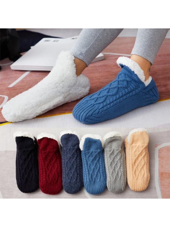 Slipper Socks For Women Men Girls, Fluffy Warm Socks Knitted Thick Fleece Lined Grippers Non Slip Socks Soft Cozy Winter Home House Bed Floor Slipper Socks