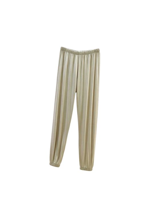 Solid Cuffed Jogger Style Trousers, Womens Daily Relaxed Fit Long Bottom Attire, Full Length Tapering Leg Casual Slacks, All Elastic Waist Soft Knit Everyday Casual Wear (Beige,L)