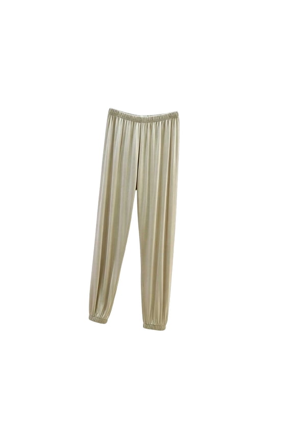 Solid Cuffed Jogger Style Trousers, Womens Daily Relaxed Fit Long Bottom Attire, Full Length Tapering Leg Casual Slacks, All Elastic Waist Soft Knit Everyday Casual Wear (Beige,L)