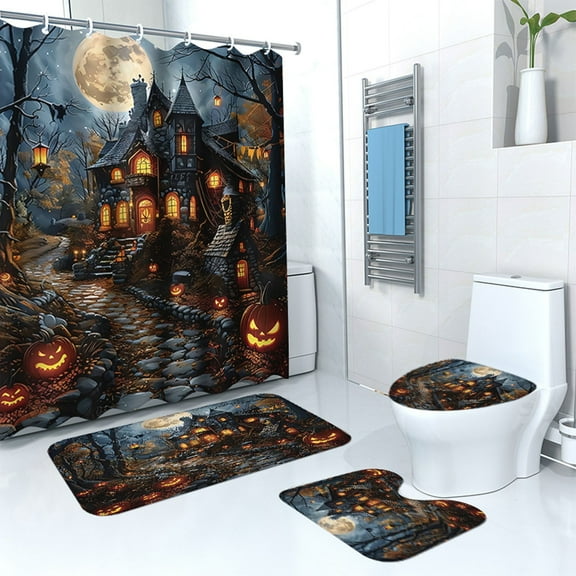 Floleo Spooky Halloween Decorations 4-Piece Ghost Shower Curtain & Bath Mat Set, Non-Slip Waterproof Halloween Home Decor for Bathroom, Easy to Clean Halloween Decor Gift for Halloween Lovers