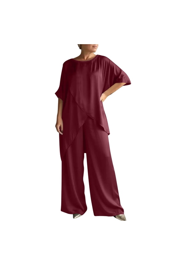 Spring and Summer Women's Casual Short Sleeved Round Neck Irregular Corner Top Paired with Wide Leg Pants Two-Piece Set Suitable for Weekend Vacation Daily Wear(Wine,3XL)