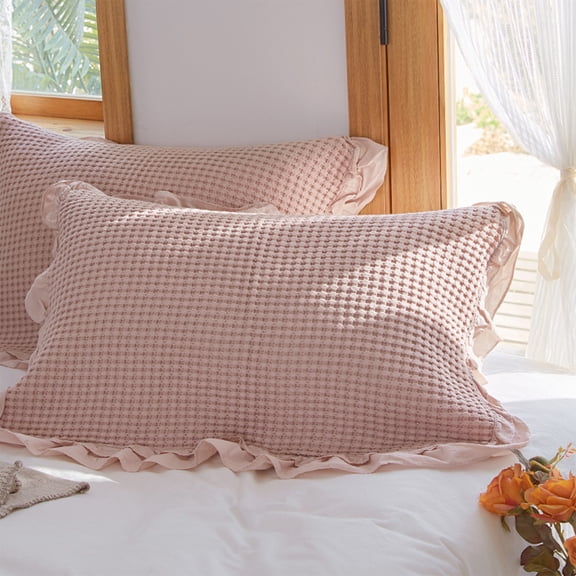 Floleo Standard Queen Pillowcase 31.5x23.6 Inch, Non Slip Button Closure Ruffle Pillow Cover, 100% Cotton Wrinkle Free Pillow Case with Envelope Closure