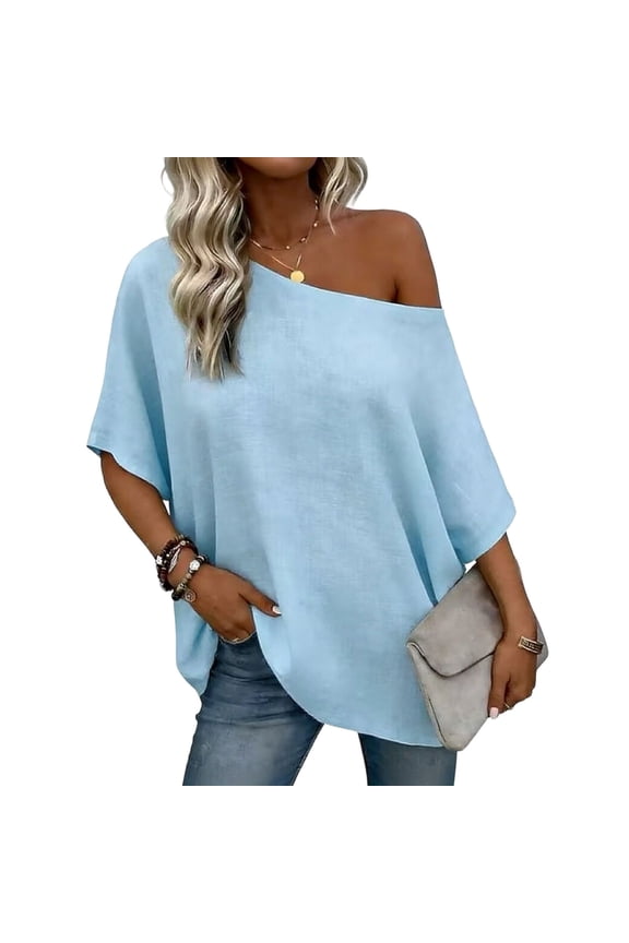Summer Spring Women's Off Shoulder Linen Top Short Sleeve Casual Comfortable Loose Shirt Suitable for Work Leisure Vacation Weekend Party(Light Blue,L)