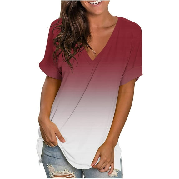 Floleo T-shirt For Women V-neck Short Sleeve Tops Fashion Casual Gradient Tops Soft Comfortable Gift Send Your Girlfriend、Wife、Mother, Mother's Day