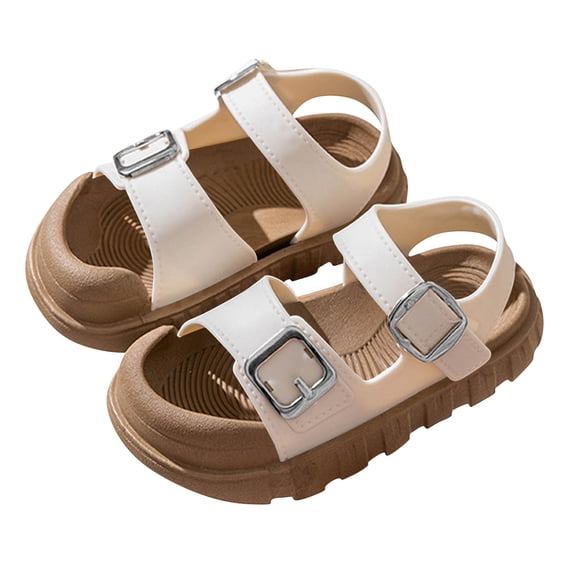 Floleo Toddler Boys Girls Open-Toe Sandals, Adjustable Double Buckle Footwear, Three Tone Non-Slip Thick Sole Kids Summer Beach & Casual Shoes(White,2.5-3.5 Years)