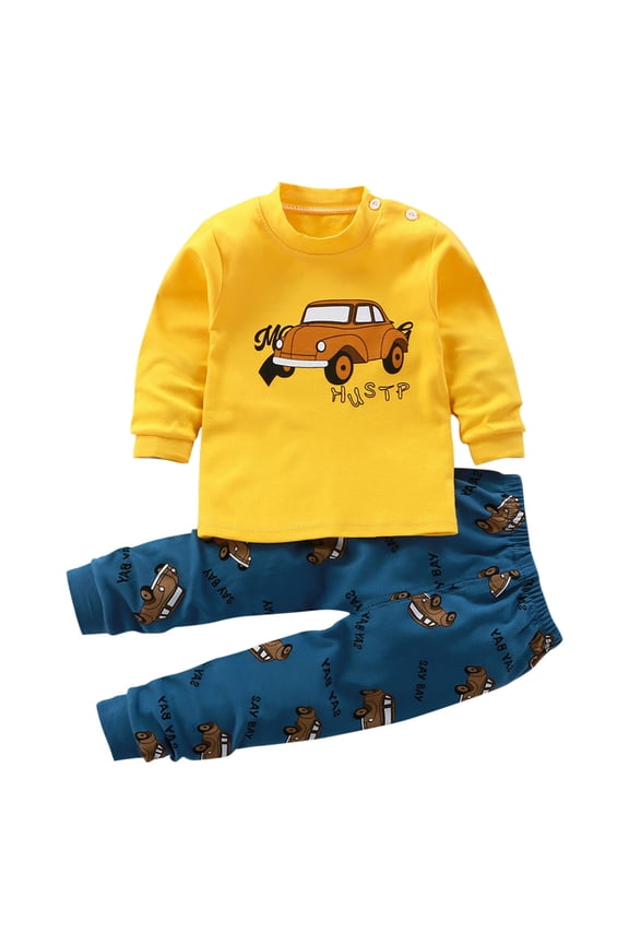 Toddler Printed Matching Sets, Infant Daily Outfit Bundles, Crew Neck Long Sleeve Top And Elastic Waist Pant Combinations, Cartoon Car Graphic Baby Coordinate Outfits(Yellow,3 Months)