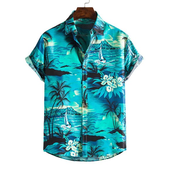 Floleo Tops Clearance Men's Hawaiian Shirt Short Sleeves Printed Button Down Summer Beach Shirts Tops