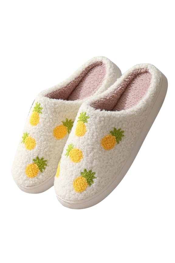 Unisex Couple Pineapple Embroidery Closed Toe Mule Slippers Curly Plush Lined Thick Cushioned Non Slip Sole Warm Indoor House Slides For Fall Winter Daily Household(Yellow,10)