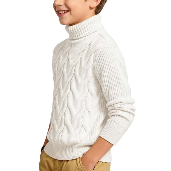 Floleo Unisex Kids Solid Cable Knit Turtleneck Sweater Thick Stretchy Long Sleeve Warm Pullover for Boys Girls Fall Winter Daily Wear(White,1-2 Years)