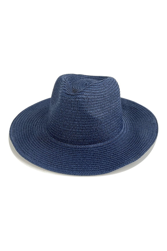 Unisex Packable Wide Brim Straw Fedora Hat Uv Protection Foldable Panama Sun Hat Breathable Casual Beach Cap Lightweight Outdoor Summer Vacation Hat(Navy,M)