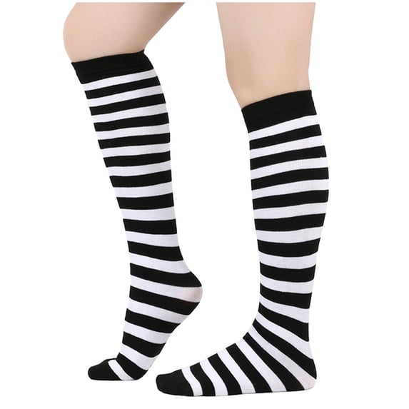 Floleo Unisex Striped Mid-Calf Knee High Socks Classic Striped Cotton Socks Breathable Casual Socks for Women and Men Multi-Color Halloween Socks(Black,Free Size)