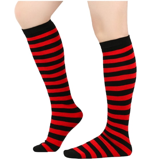 Floleo Unisex Striped Mid-Calf Knee High Socks Classic Striped Cotton Socks Breathable Casual Socks for Women and Men Multi-Color Halloween Socks(Red,Free Size)