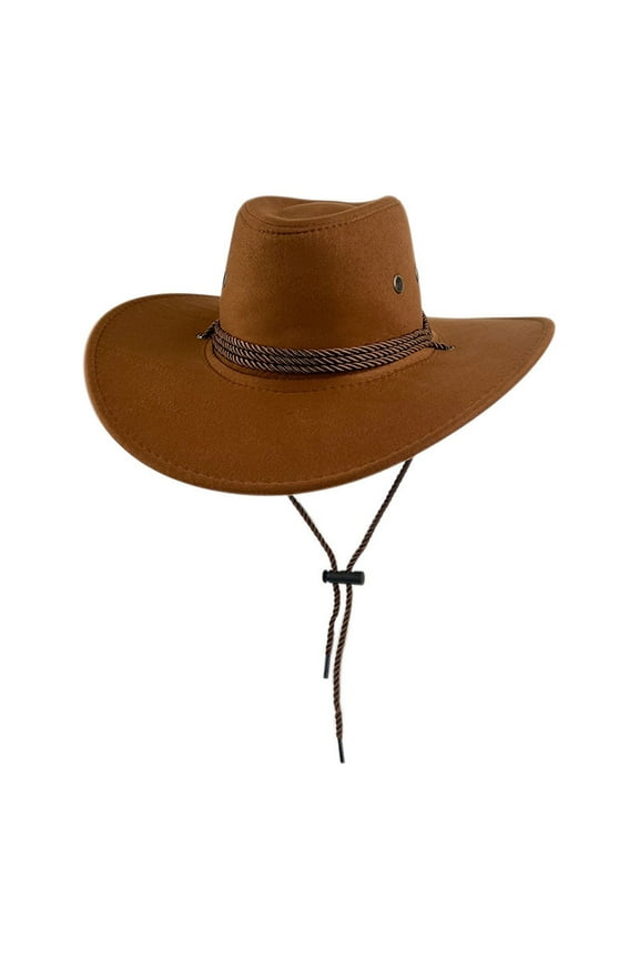 Unisex Suede Western Cowboy Hat Wide Brim Drawstring Sun Hat Adjustable Outdoor Uv Protection Cap Lightweight Casual Ranch Rodeo Hat(Brown,Free Size)
