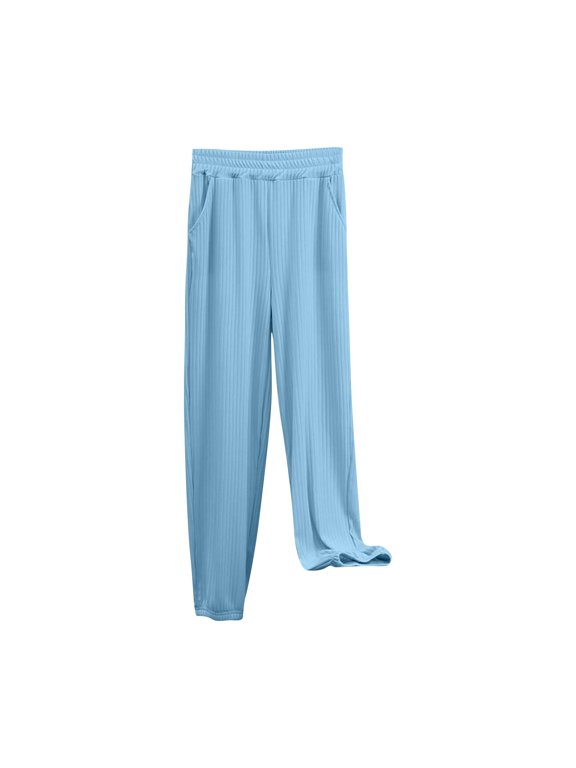 Vertical Rib Knit Cuffed Jogger Trousers, Womens Daily Full Length Casual Bottom Attire, Solid Striped Relaxed Tapering Slacks, Full Elastic Waist Polyester Everyday Casual Wear (Blue,4XL)
