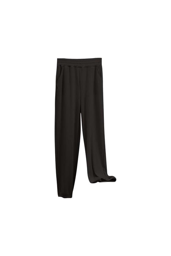 Vertical Rib Knit Cuffed Jogger Trousers, Womens Daily Full Length Casual Bottom Attire, Solid Striped Relaxed Tapering Slacks, Full Elastic Waist Polyester Everyday Casual Wear (Black,XL)