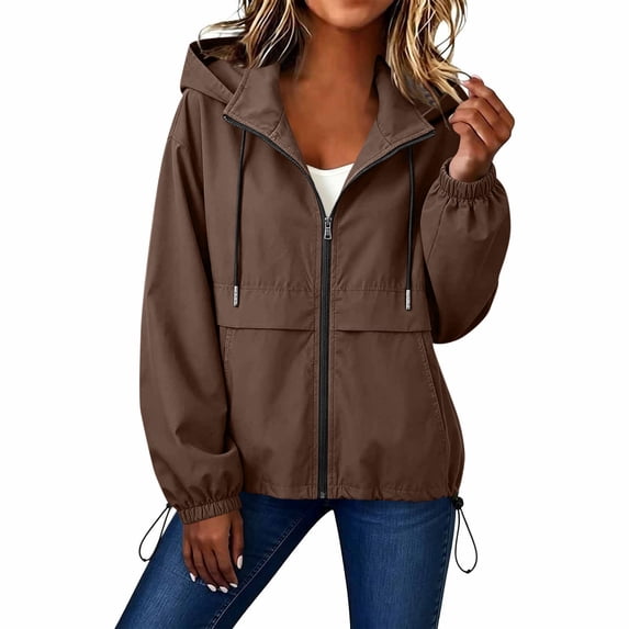 Floleo Women Water Resistant Hooded Zip Up Jacket Half High Collar Drawstring Waist Casual Outdoor Coat with Pockets for Fall Spring