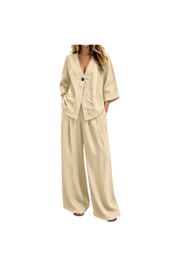 Women 2 Piece Matching Outfit Sets, Ladies Coordinating Two-Piece Suits, V Neck Three Quarter Sleeve Solid Single Button Outfits, Oversized Pocketed Wide Leg Two-Piece Clothing Sets (Beige,S)