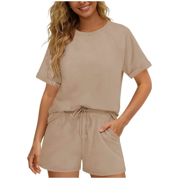 Floleo Women Athletic Round Neck Solid Color Short Sleeve Top and Elastic Waist Pants Set Breathable Workout Outfit for Yoga Gym Running Fitness Training Daily Sports Wear(Beige,M)