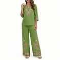 thumbnail image 1 of Floleo Women Boho Two Piece Outfit V Neck 3/4 Sleeve Floral Print Top Wide Leg Pants Vacation Matching Set, 1 of 7
