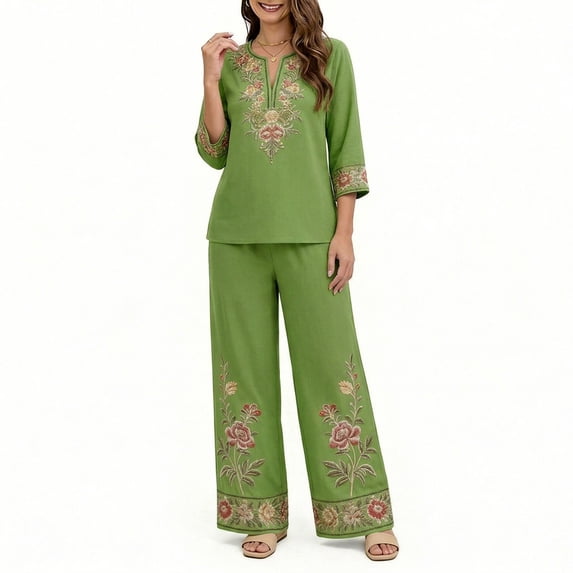 Floleo Women Boho Two Piece Outfit V Neck 3/4 Sleeve Floral Print Top Wide Leg Pants Vacation Matching Set