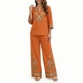 thumbnail image 1 of Floleo Women Boho Two Piece Outfit V Neck 3/4 Sleeve Floral Print Top Wide Leg Pants Vacation Matching Set, 1 of 7