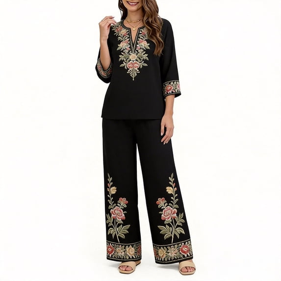 Floleo Women Boho Two Piece Outfit V Neck 3/4 Sleeve Floral Print Top Wide Leg Pants Vacation Matching Set