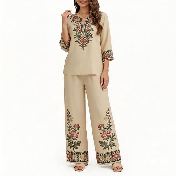 Floleo Women Boho Two Piece Outfit V Neck 3/4 Sleeve Floral Print Top Wide Leg Pants Vacation Matching Set