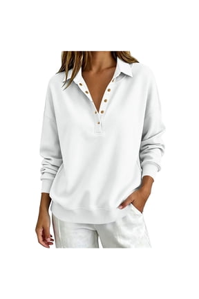 Women Collared Snap Button Henley Pullover Tops, Drop Shoulder Oversized Long Sleeve Sweatshirts, Soft Solid Relaxed Curved Hem Tunics, Daily Office Casual Fashion Blouses(White,2XL)