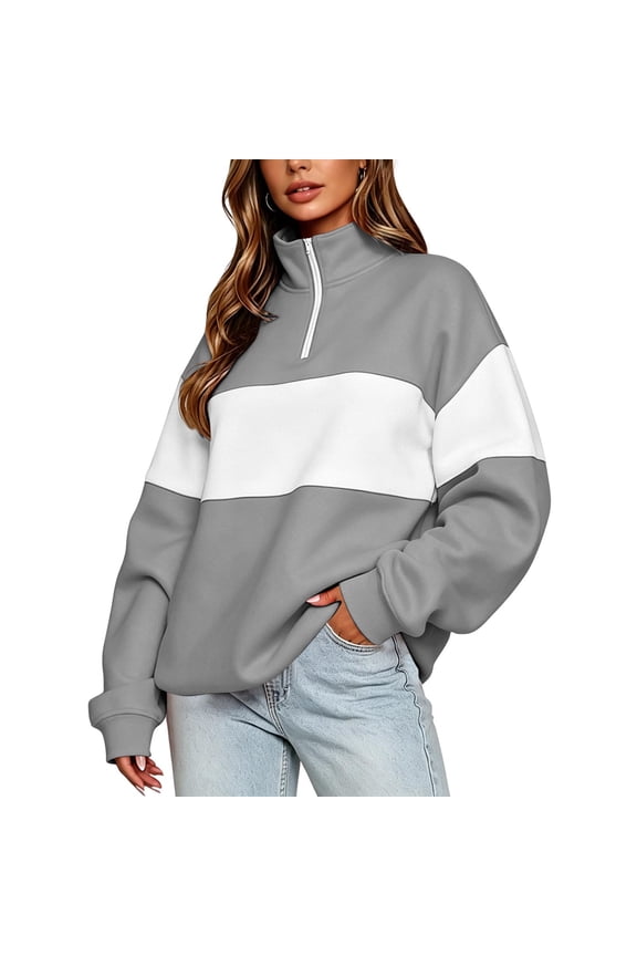 Women Color Block Half Zip Stand Collar Pullover Sweatshirt, Drop Shoulder Long Sleeve Loose Top With Front Kangaroo Pocket For Spring Autumn Daily Outdoor Travel Wear(Gray,S)