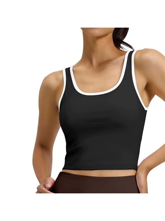Women Color Block Trim Tank Top, Built-In Bra Yoga Cami, U-Neck Workout Crop Top, Casual Activewear Underwear (Black,S)