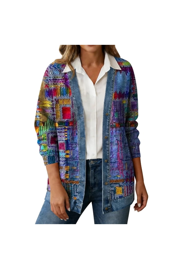 Women Colorful Geometric Print Denim Trim Open Front Shirt Jacket, Long Sleeve Hoodless Casual Outerwear For Daily Street Matching(Multicolor,S)