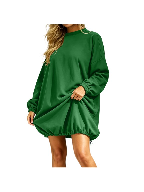 Women Crew Neck Drawstring Hem Oversized Long Sleeve Sweatshirt , Solid Drop Shoulder Loose Casual Mini Tunic Top For Daily Street Wear(Green,L)