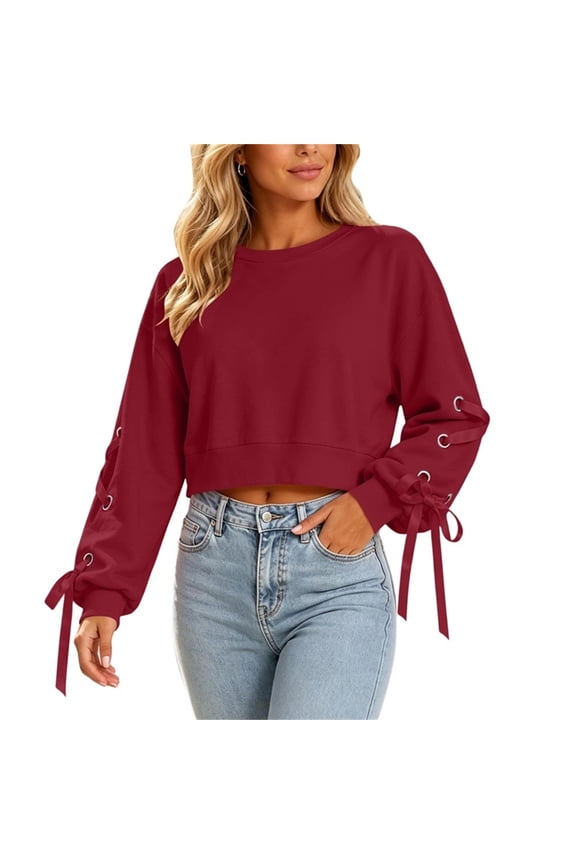 Women Crew Neck Lace-Up Sleeve Cropped Sweatshirts, Loose Long Ribbon Tie Pullover Tops, Solid Relaxed Fit Spring Fall Daily Dating Party Casual Fashion Blouses(Red,S)